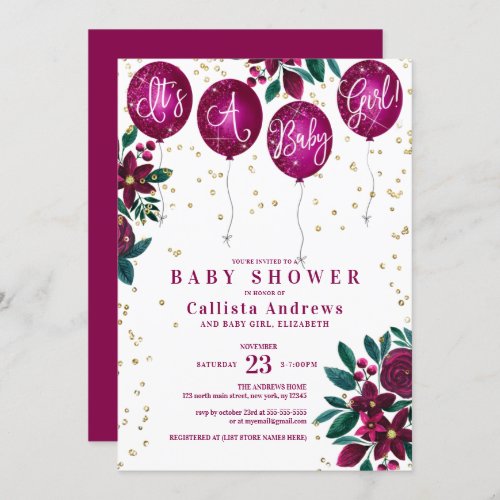 Its a Girl Glitter Balloons Floral Baby Shower Invitation