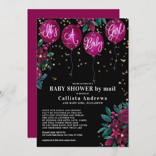 Its a Girl Glitter Balloons Floral Baby Shower Invitation