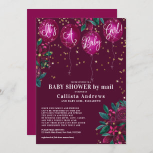 It's a Girl Glitter Balloons Floral Baby Shower Invitation