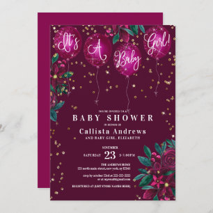 It's a Girl Glitter Balloons Floral Baby Shower Invitation