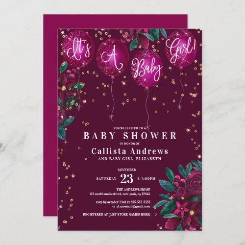 Its a Girl Glitter Balloons Floral Baby Shower Invitation