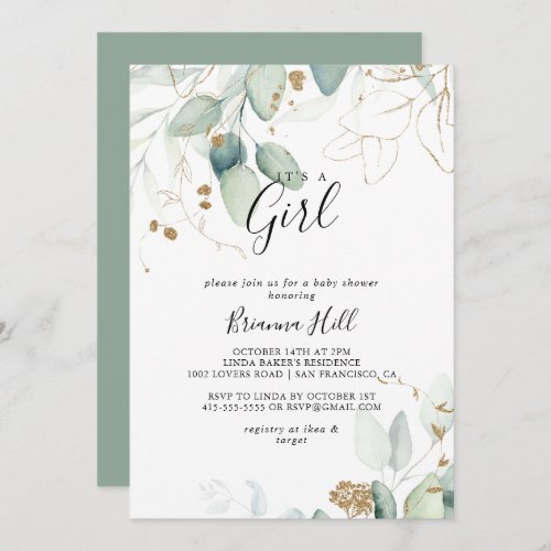 Its A Girl  Gold Eucalyptus Baby Shower  Invitation