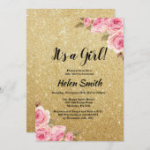 It's A Girl Gold Glitter Floral Baby Shower Invitation (Front/Back)