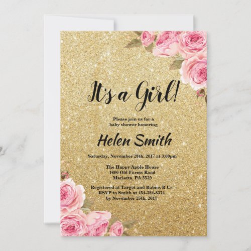 Its A Girl Gold Glitter Floral Baby Shower Invitation