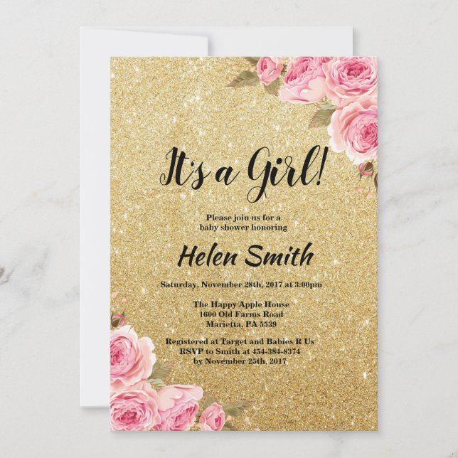 It's A Girl Gold Glitter Floral Baby Shower Invitation (Front)