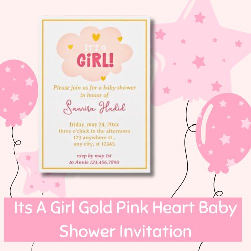 Its A Girl Gold Pink Heart Baby Shower Invitation
