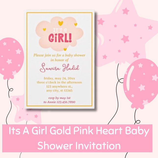Its A Girl Gold Pink Heart Baby Shower Invitation (Creator Uploaded)