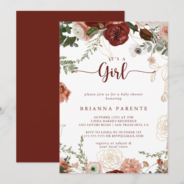 It's A Girl Gold Rustic Floral Baby Shower  Invitation (Front/Back)
