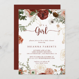 It's A Girl Gold Rustic Floral Baby Shower Invitation