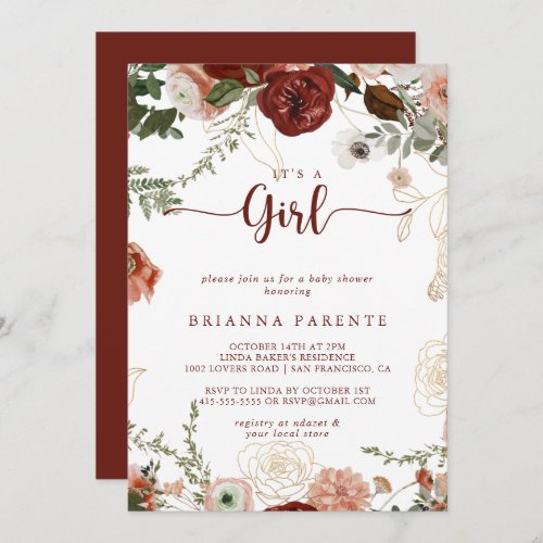 Its A Girl Gold Rustic Floral Baby Shower  Invitation