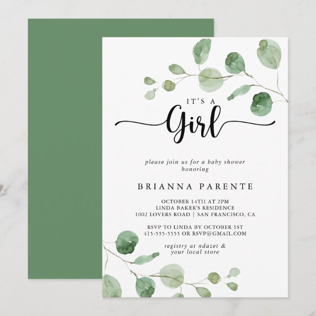 It's A Girl Green Delight Eucalyptus Baby Shower  Invitation (Front/Back)