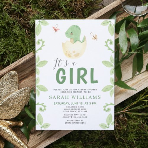 Its a Girl Green Dinosaur Watercolor Baby Shower Invitation