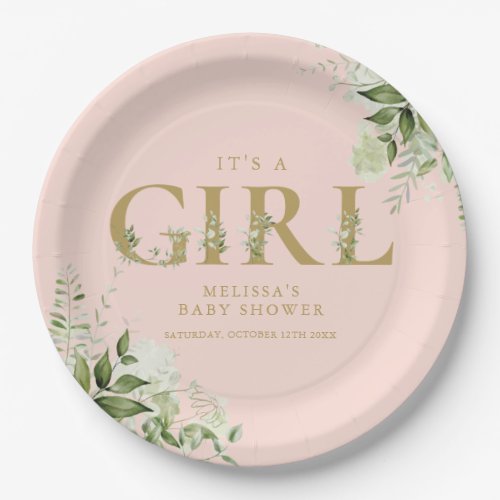 Its A Girl Greenery Blush Pink Gold Baby Shower Paper Plates