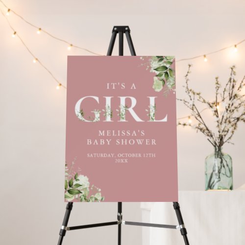 Its A Girl Greenery Dusty Rose Baby Shower Sign