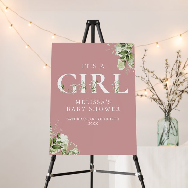 Its A Girl Greenery Dusty Rose Baby Shower Sign (In Situ (Stand))