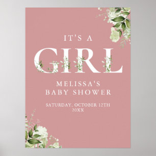 Its A Girl Greenery Dusty Rose Baby Shower Sign