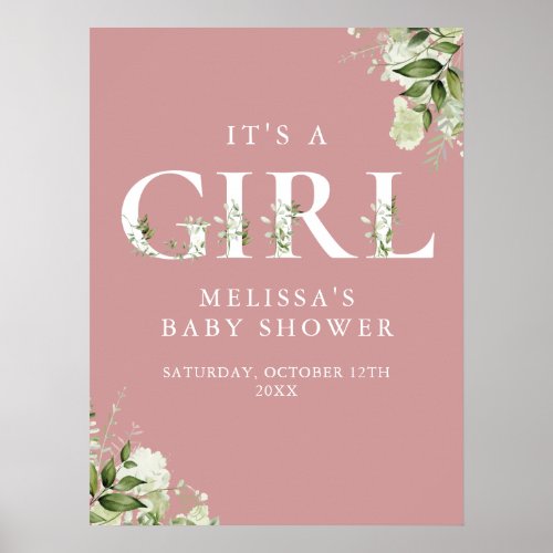 Its A Girl Greenery Dusty Rose Baby Shower Sign