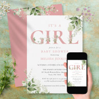 Its A Girl Greenery Dusty Rose Letter Baby Shower Invitation