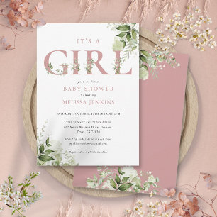 Its A Girl Greenery Dusty Rose Letter Baby Shower Invitation