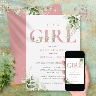 Its A Girl Greenery Dusty Rose Letter Baby Shower Invitation | Zazzle