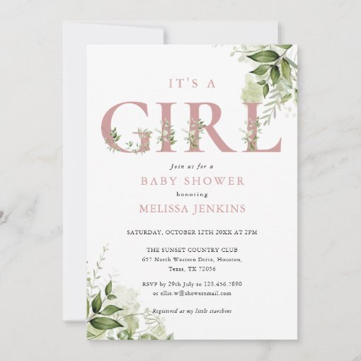 Its A Girl Greenery Dusty Rose Letter Baby Shower Invitation | Zazzle