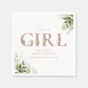Its A Girl Greenery Dusty Rose Letter Baby Shower Napkins