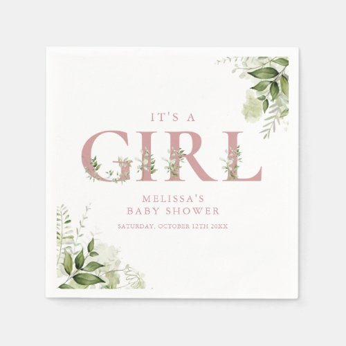 Its A Girl Greenery Dusty Rose Letter Baby Shower Napkins