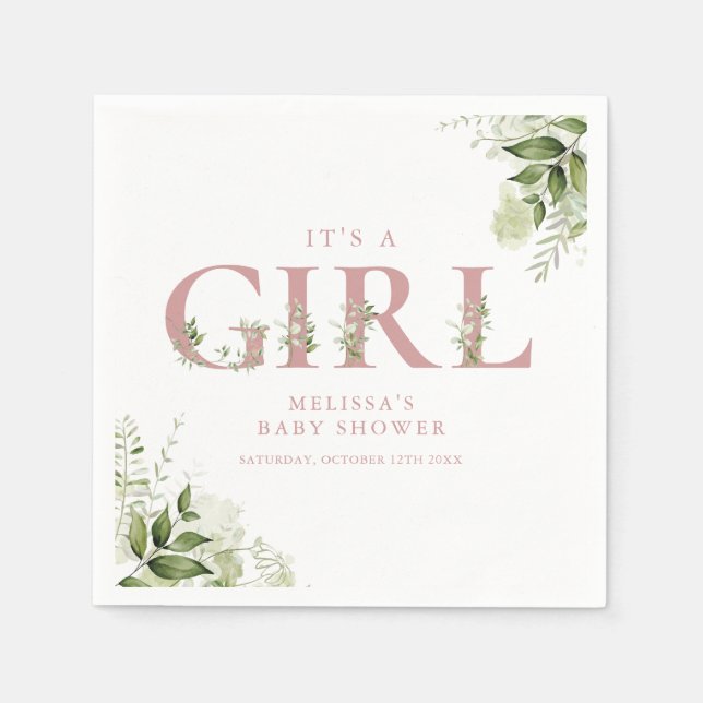 Its A Girl Greenery Dusty Rose Letter Baby Shower Napkins (Front)