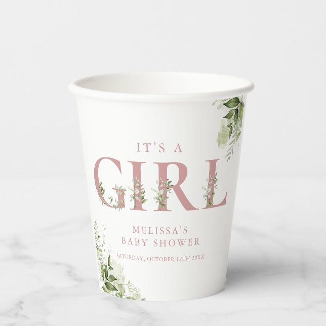 Its A Girl Greenery Dusty Rose Letter Baby Shower Paper Cups (Front)