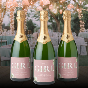 Its A Girl Greenery Dusty Rose Pink Baby Shower Sparkling Wine Label