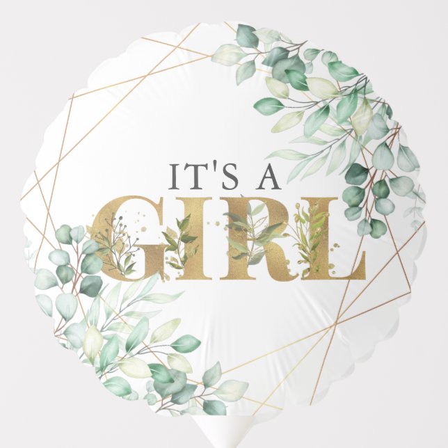 Its a Girl Greenery Eucalyptus Gold Baby Shower Balloon (Front)