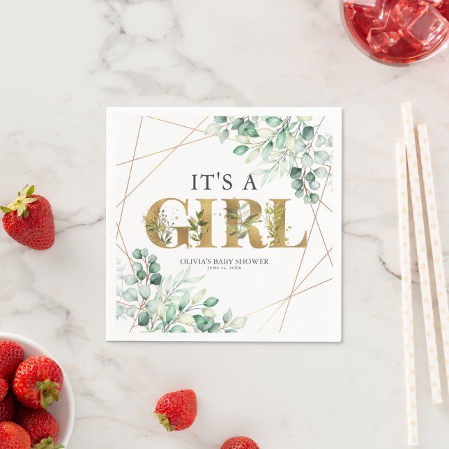 Its a Girl Greenery Eucalyptus Gold Baby Shower Napkins (Insitu)
