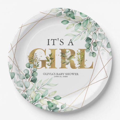 Its a Girl Greenery Eucalyptus Gold Baby Shower Paper Plates