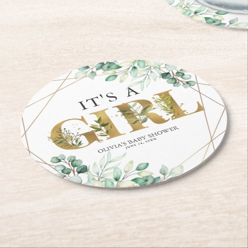 Its a Girl Greenery Eucalyptus Gold Baby Shower Round Paper Coaster