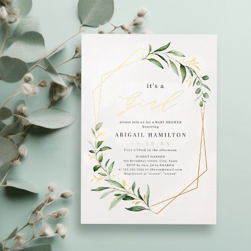 Its a Girl Greenery Gold Geometric Baby Shower  Foil Invitation