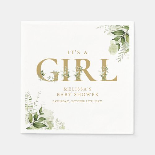 Its A Girl Greenery Gold Letter Baby Shower Napkins