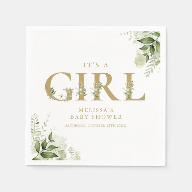Its A Girl Greenery Gold Letter Baby Shower Napkins (Front)