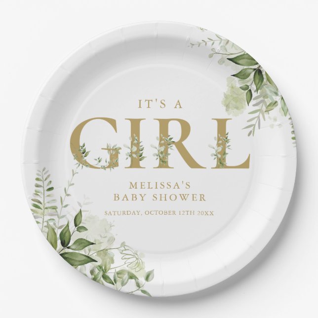 Its A Girl Greenery Gold Letter Baby Shower Paper Plates (Front)