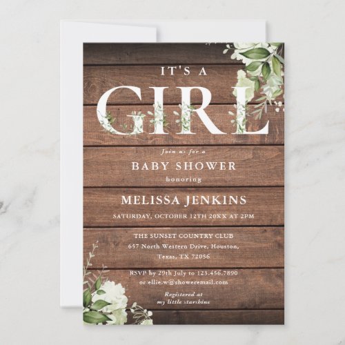 Its A Girl Greenery Letter Rustic Wood Baby Shower Invitation