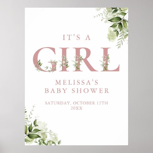 Its A Girl Greenery Pink Baby Shower Sign