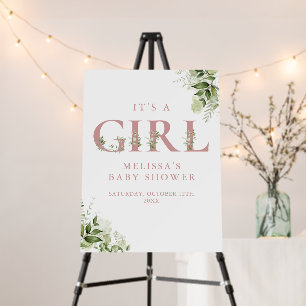 Its A Girl Greenery Pink Baby Shower Sign