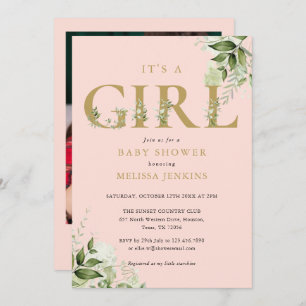 Its A Girl Greenery Pink Gold Photo Baby Shower Invitation