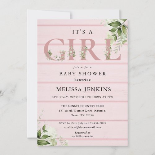 Its A Girl Greenery Pink Rustic Wood Baby Shower Invitation