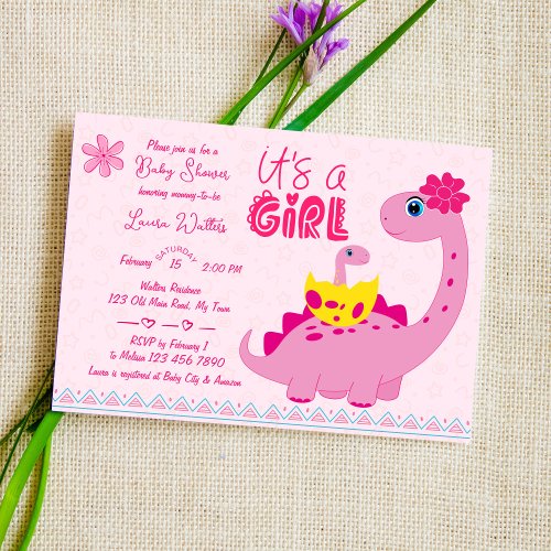 Its a girl hatching soon dinosaur mom baby shower invitation