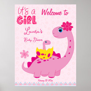 It's a girl hatching soon dinosaur mom baby shower poster