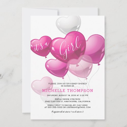 Its a Girl Heart Balloon Baby Shower Invitation