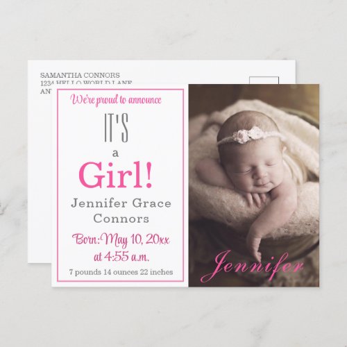 Its a Girl Hot Pink Baby Birth Announcement 