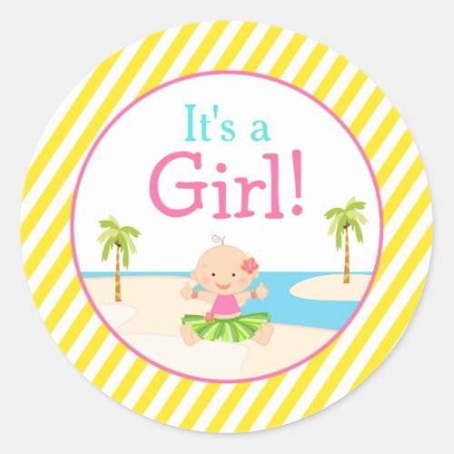 Its a Girl Hula Tropical Baby Shower Classic Round Sticker
