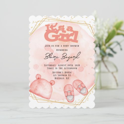 Its A Girl in Pink Coral And Gold Baby Shower Invitation