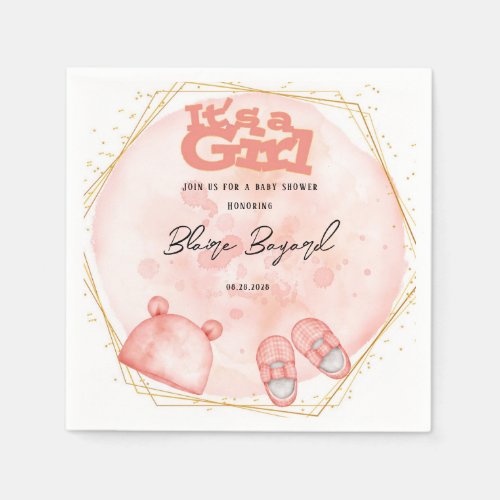 Its A Girl in Pink Coral And Gold Baby Shower Napkins